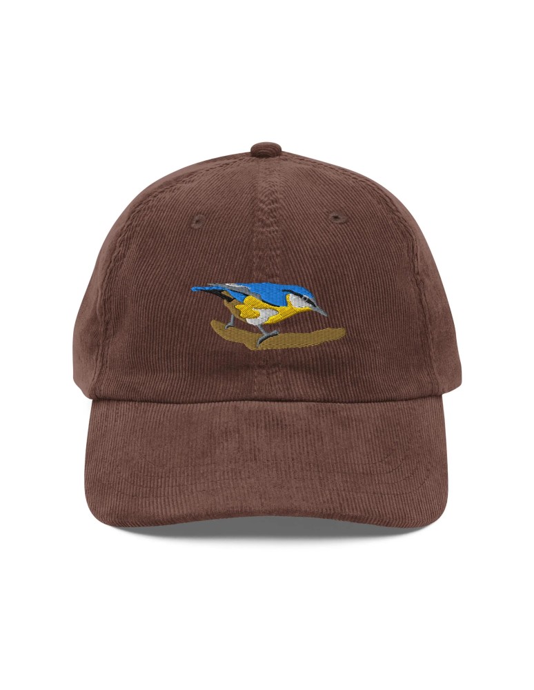 Corduroy blue and yellow bird embroidered hat