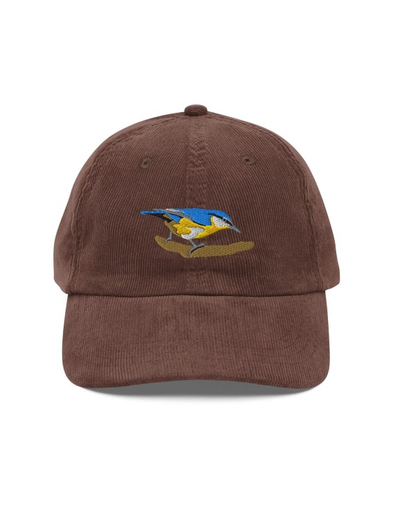 Corduroy blue and yellow bird embroidered hat