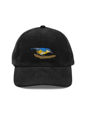 Corduroy blue and yellow bird embroidered hat